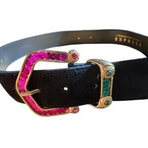 VTG Express Leather Belt with Multicolor Sequins size M Sparkle Bling Y2K Fairy